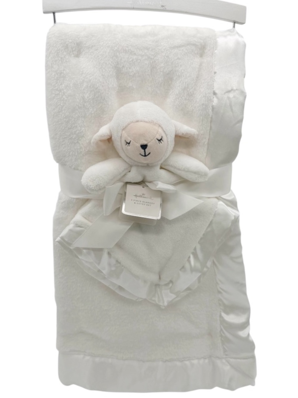 Hallmark Baby 2-Piece Plush Blanket & Lamb Lovey Set White Satin Trim Unisex NWT